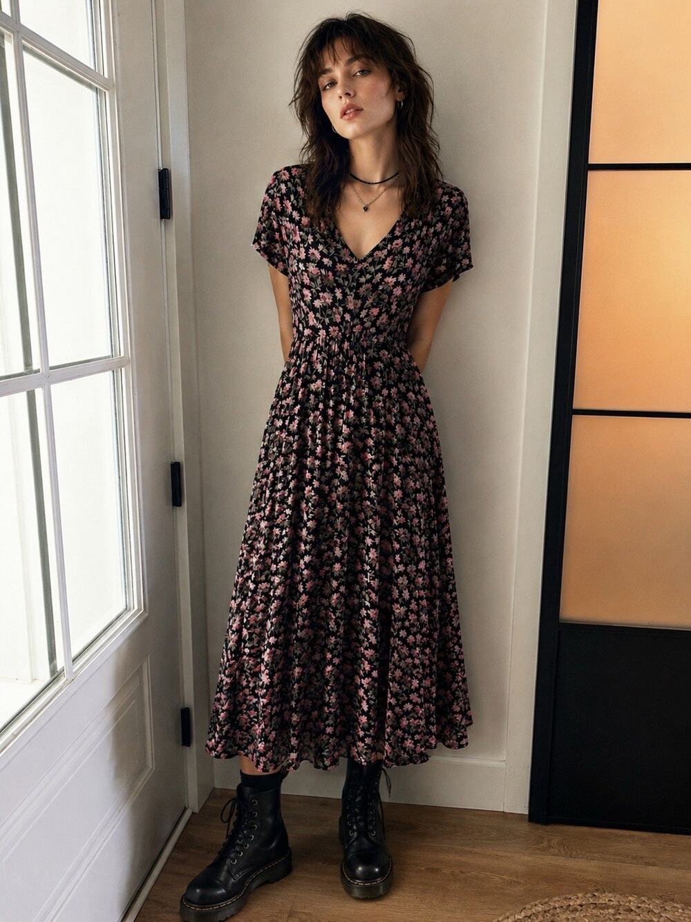 Vintage 1990s Nostalgia Floral Midi Dress S Black Rayon Bias Cut Grunge Romantic